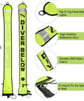 4 Foot Surface Marker Buoy For Scuba With Reflective Strip High Visibility Inflatable Signal Tube Open Bottom Float For Underwater Diving And Snorkeling Diver Below Markings SMB Safety Gear showing detailed features