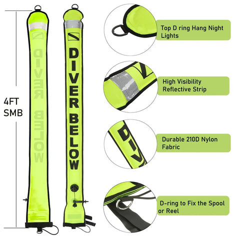 4 Foot Surface Marker Buoy For Scuba With Reflective Strip High Visibility Inflatable Signal Tube Open Bottom Float For Underwater Diving And Snorkeling Diver Below Markings SMB Safety Gear showing detailed features