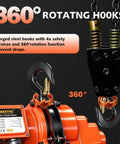 Close-up of 360° rotating forged steel hooks featured on Beefy 2 In 1 Electric Chain Hoist With 2200 Lbs Pull Capacity And 20 Ft Lift.