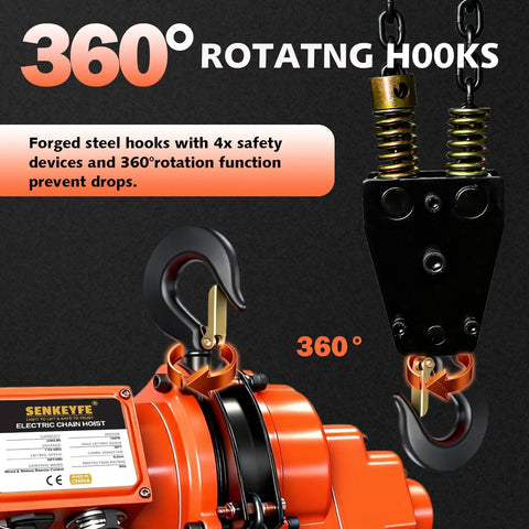 Close-up of 360° rotating forged steel hooks featured on Beefy 2 In 1 Electric Chain Hoist With 2200 Lbs Pull Capacity And 20 Ft Lift.