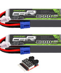 Two Pack 8000mAh 7.4V 130C LiPo RC Batteries With EC5 Connector 2S Power Cells For RC Cars Drones And Planes Includes Lipo Voltage Checker