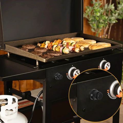 Outdoor gas grill with inset showing AA Battery Push Button Igniter Cap Replacement With Spring For Gas Grills And BBQs
