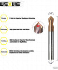 WEXWE chamfer end mill, side view, 1/4 in diameter, 2 in length, 2-flute tungsten carbide drill tip for chamfering.