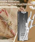 Heavy Duty Poultry Shears For Effortless Cutting And All Purpose Kitchen Scissors With Sharp Durable Blades, Ergonomic Handles, Ideal For Trimming Drumsticks, Wings, Thighs, Ribs, And Both Raw Or Cooked Poultry. Silver poultry shears with box