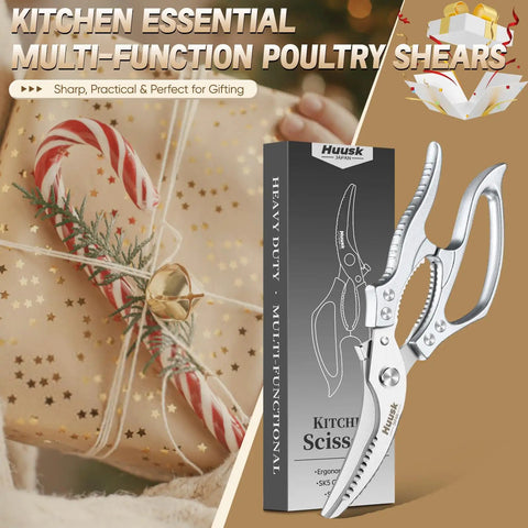 Heavy Duty Poultry Shears For Effortless Cutting And All Purpose Kitchen Scissors With Sharp Durable Blades, Ergonomic Handles, Ideal For Trimming Drumsticks, Wings, Thighs, Ribs, And Both Raw Or Cooked Poultry. Silver poultry shears with box