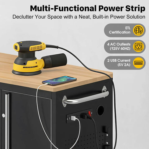 72 Inch Rolling Tool Chest With Power Outlet, Heavy Duty Tool Cabinet With 10 Drawers, Adjustable Dividers, Rubber Wood Workbench, Key Locking System And Drawer Liners For Garage Workshop with built-in power strip