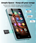 160GB Bluetooth WiFi MP3 Player For Kids With 4.0 Inch Touch Screen expandable to 1TB showing music apps on screen.