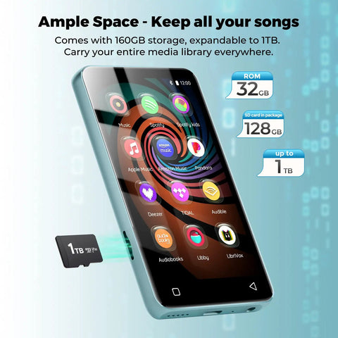 160GB Bluetooth WiFi MP3 Player For Kids With 4.0 Inch Touch Screen expandable to 1TB showing music apps on screen.