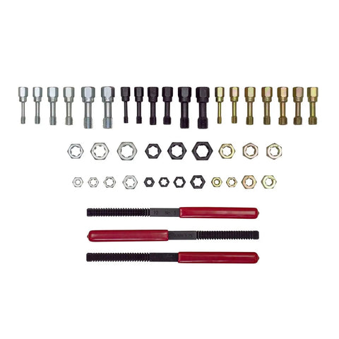 Thread Chaser Set For SAE And Metric Repair Rethreading Kit With Taps And Die For One Quarter To Nine Sixteenths Inch And Six To Twelve Millimeter Restores Damaged Threads On Bolts Studs And Shafts With Three File Set layout view