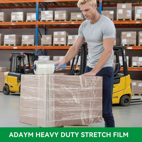Person using Heavy Duty Stretch Film Shrink Wrap Roll Pack Five Inch By Twelve Hundred Feet Eighty Gauge With Six Hundred Percent Stretch