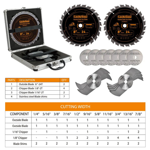 8 Inch Stacked Dado Blade Set For 10 Inch Table Saw With 5/8 Inch Arbor, Ultra Sharp Tungsten Carbide Tipped Teeth, 15-Piece Kit