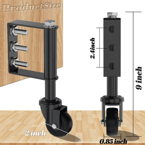 2 Pack 2 Inch Gate Caster Wheels For Wooden Gates, 100-200 Pound Capacity shown with dimensions and mounting screws