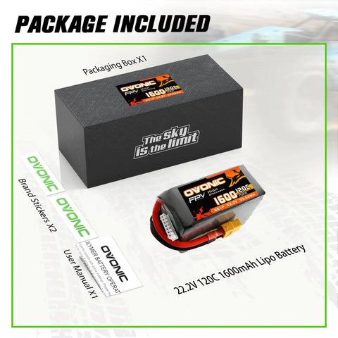 6S 1600mAh 22.2V LiPo Battery 120C with XT60 Connector, packaging box, and accessories for RC FPV racing drones.