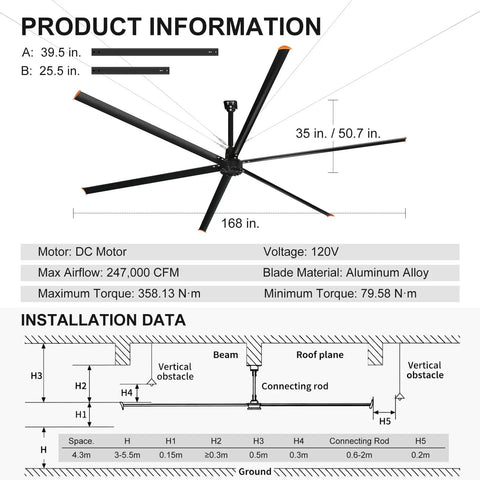 Straight Up Heavy Duty 14 Foot Commercial HVLS Industrial Ceiling Fan With Six Sturdy Aluminum Blades Packing Serious Airflow To Keep Warehouses Shops And Barns Chillin Season Long installation and specifications diagram