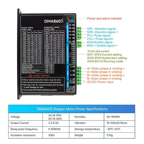 DMA860S driver specs for Fourth Axis CNC Kit For A Axis Rotation With 130mm Three Jaw Chuck And 100mm Tailstock, Four To One Reducing Ratio