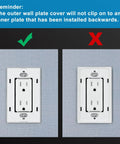 Correct and incorrect installation of 50 Pack Tamper Resistant 15 Amp Decorator Electrical Outlet With Screwless Wall Plate For Home And Commercial Use 15A 125V UL Listed White Durable Construction For High Traffic Areas.