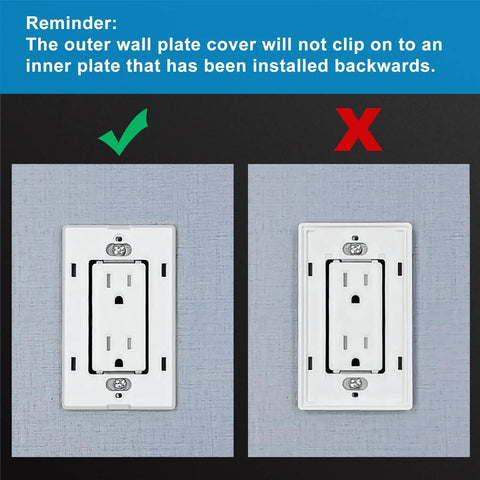 Correct and incorrect installation of 50 Pack Tamper Resistant 15 Amp Decorator Electrical Outlet With Screwless Wall Plate For Home And Commercial Use 15A 125V UL Listed White Durable Construction For High Traffic Areas.