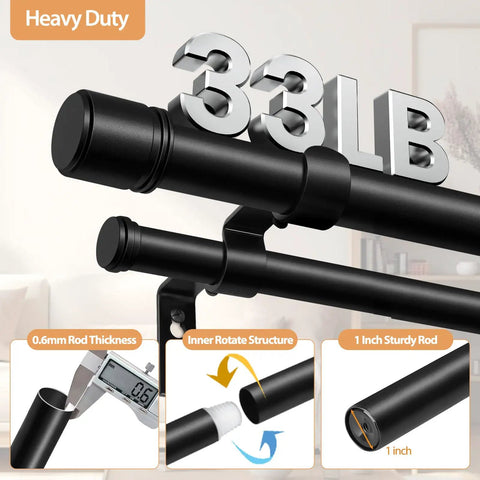 Heavy Duty Telescoping Double Curtain Rod For Windows 72 To 144 Inches, 1 Inch Diameter, Black Finish, 33 lb capacity