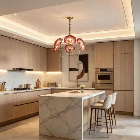 HLRCB Indoor Pendant Light, 21.7", Glass Floral Shade Adjustable Drop in modern kitchen with wood cabinetry.
