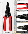 All In One 8 Inch Wire Stripper Cutter Crimping Tool For 10 To 22 AWG Cables With Screw Cutting Feature shown with dimensions