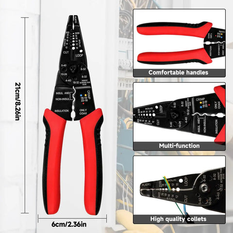 All In One 8 Inch Wire Stripper Cutter Crimping Tool For 10 To 22 AWG Cables With Screw Cutting Feature shown with dimensions