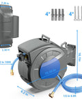 Retractable Garden Hose Reel Wall Mount With 100 Ft Hose Half Inch Diameter Automatic Slow Rewind Lock Any Length 180 Degree Swivel 10 Pattern Nozzle Outdoor Watering And Cleaning Made Easy, shown with mounting hardware and hose dimensions diagram.