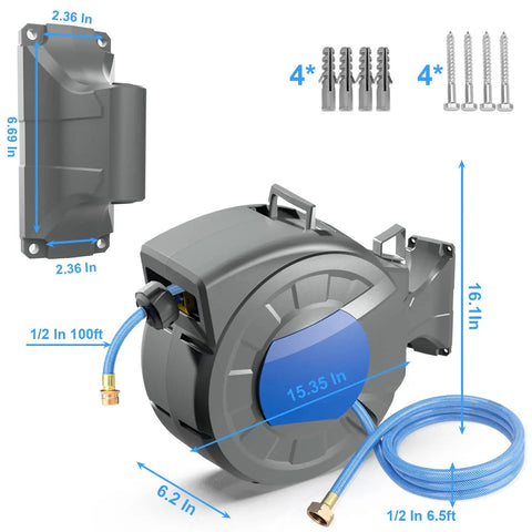 Retractable Garden Hose Reel Wall Mount With 100 Ft Hose Half Inch Diameter Automatic Slow Rewind Lock Any Length 180 Degree Swivel 10 Pattern Nozzle Outdoor Watering And Cleaning Made Easy, shown with mounting hardware and hose dimensions diagram.