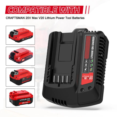 V20 Battery Charger Replacement for Craftsman 20V Max Li Ion Batteries shown with compatible batteries