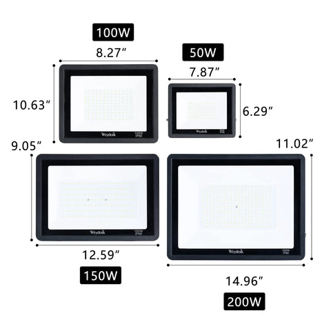 2 Pack 150W Outdoor LED Flood Lights 5000 Lumen IP66 Waterproof Daylight 6500K, sizes and wattages displayed with measurements