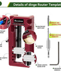 Door Hinge Jig For Router Mortiser Adjustable Three To Five Inches Length And One Quarter Or Five Eighths Inch Hinge Thickness Red DIY Friendly Tool For Precise Gap Free Door And Cabinet Hinge Installations showing features and tools included