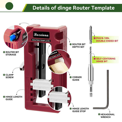 Door Hinge Jig For Router Mortiser Adjustable Three To Five Inches Length And One Quarter Or Five Eighths Inch Hinge Thickness Red DIY Friendly Tool For Precise Gap Free Door And Cabinet Hinge Installations showing features and tools included