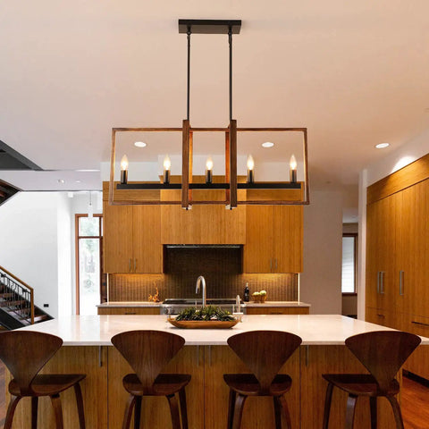 Modern Farmhouse Chandelier for Dining Room and Living Room over kitchen island, wood grain finish, contemporary style