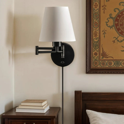 Modern Swing Arm Wall Light Plug In With White Fabric Shade, Black Metal Wall Sconce For Bedroom, Living Room, And Bedside