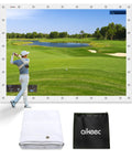 Ultra Clear Golf Simulator Impact Screen For Indoor Practice 8.2 By 8.2 Feet With 38 Grommet Holes Durable Flannel Material For Crystal HD Image And Easy Home Setup For Pro Level Swing Training with golf simulation display, folded screen, and carry bag.