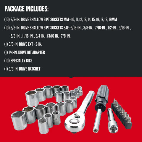 32-Piece Pro Grade Mechanics Tool Set With 3/8-Inch Drive, SAE And Metric Sockets, 6 Point, 72-Tooth Ratchets, Chrome Finish