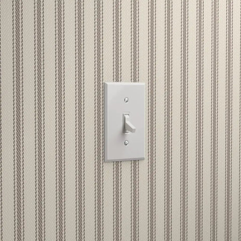 Straight Up Rustic Farmhouse Vinyl Wallpaper With Kickass Leather Texture Heavy Duty Type II Wallcovering, light switch against striped wallpaper.