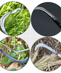 Close-up of Two Piece Steel Sickle Mowing Tool Set for Gardening and Farming with sharp durable blades in action on plants