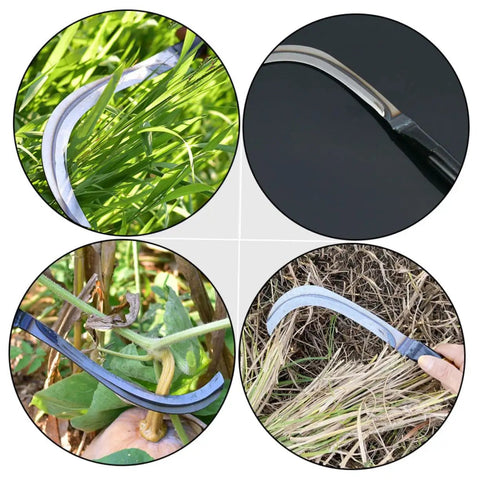 Close-up of Two Piece Steel Sickle Mowing Tool Set for Gardening and Farming with sharp durable blades in action on plants