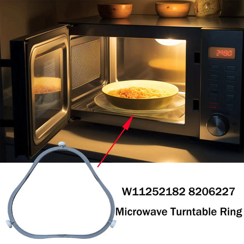 Replacement Inner Ring For Microwave Turntable Glass Plate shown inside a microwave with a dish on a glass turntable.