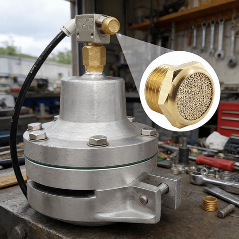 Industrial setup with 10 Pack Flat Type Brass Pneumatic Exhaust Muffler Silencer G1/4 For Air Compressor Valves And Cylinders, Sintered Bronze Breather Vent Filter overlay