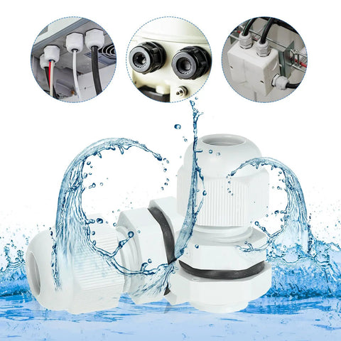 8 Pcs M20 Cable Glands Waterproof Nylon Joint Set For 6 To 12mm Wire Holes, Cable Fixing, Wiring, Repair, Gland Replacement, Electrical Enclosures, Durable Weatherproof Design, Compatible With Appliances, White, white nylon cable glands on enclosure with water splash