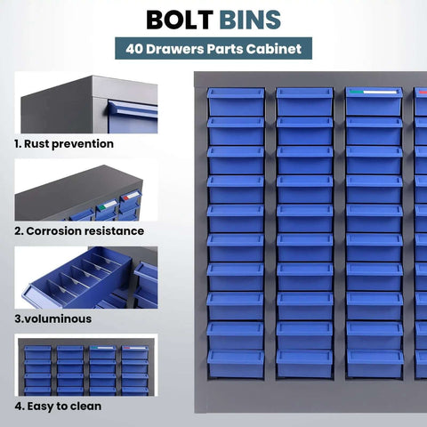 Tough As Nails 40 Drawer Parts Cabinet Organizer with Metal Frame and ABS Drawers for Nut and Bolt Hardware Storage. Front view.