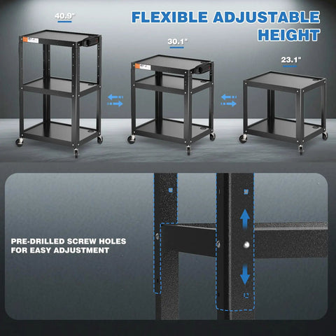 Three Shelf Metal Utility Cart On Wheels With Built In Power Strip Mobile AV Cart For Projector TV Laptop Printers And Office Tech