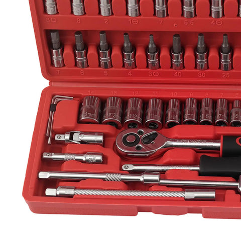 One Quarter Drive 46 Piece Carbon Steel Ratchet Socket Set Wrench Tool Kit Bits for Home Garage and DIY Car Repairs