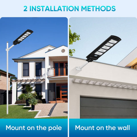 Two Pack Solar Street Lights 20000 Lumens Dusk To Dawn Outdoor Lighting With IP66 Waterproof Motion Sensor on pole and wall.
