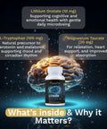 Bottle of Lithium Orotate 10mg with Magnesium Taurate and L-Tryptophan for brain health and mood support, with brain diagram.