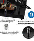 Close-up of PCB holders with powerful magnetic base on Circuit Vise With Built In Fume Extractor Mount And Tool Holder For PCB Soldering.