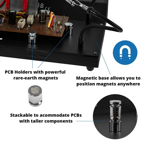 Close-up of PCB holders with powerful magnetic base on Circuit Vise With Built In Fume Extractor Mount And Tool Holder For PCB Soldering.