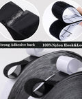 Close-up of black heavy duty nylon hook and loop strips with adhesive 30 ft each, double rolls, showcasing strong adhesive.