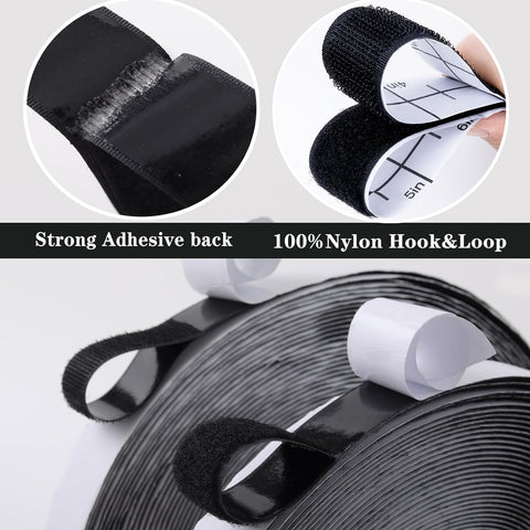 Close-up of black heavy duty nylon hook and loop strips with adhesive 30 ft each, double rolls, showcasing strong adhesive.